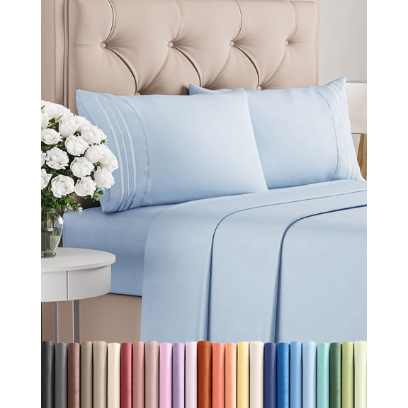 Queen Size 4 Piece Sheet Set in Sky Blue with Deep Pockets