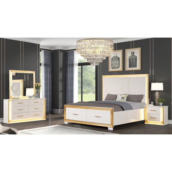 Queen Size 4PC Bedroom Furniture | Modern Design with LED Features for Bedrooms | Wood & Gold - Finished Elements | Solves Bedroom Storage & Aesthetic Issues