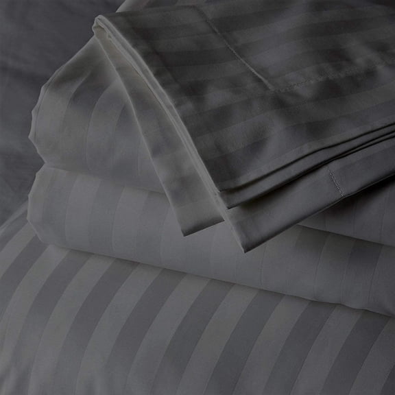Queen Size 4Pcs Sheet Set - Dark Grey Stripe Sateen Weave for Soft & Silky 100% Egyptian Cotton 800 Thread Count 18" Inch Deep Pocket Bed Sheets