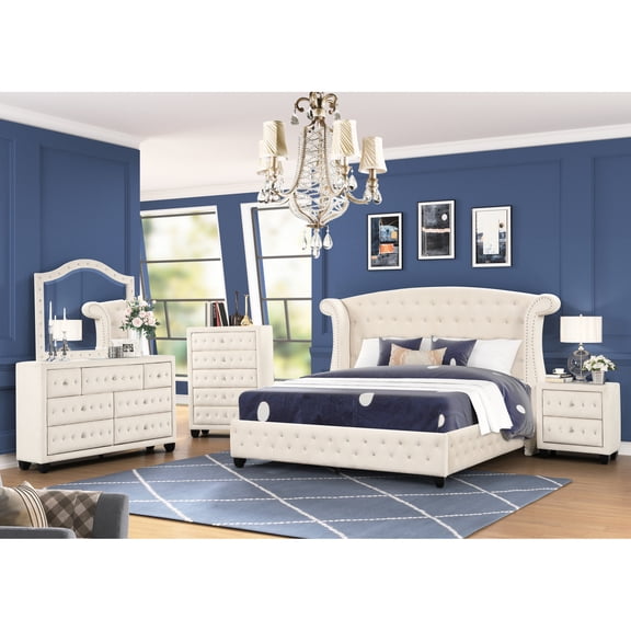Queen Size 5 Pc Bedroom Ensemble | Add Luxury to Bedroom, Fit for Various Bedroom Activities | Wood and Velvet Combination | Meet Bedroom Style and Function Requirements