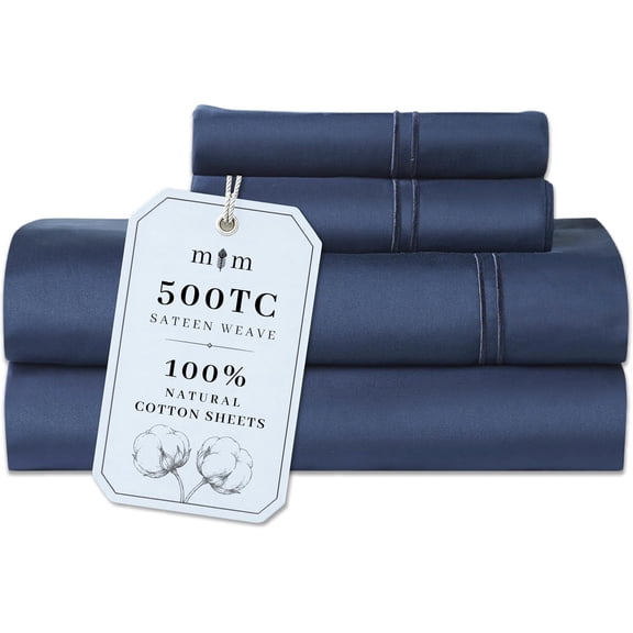 Queen Size 500 Thread Count Cotton Sateen Sheet Set Navy Blue 18 Inch Deep Pocket