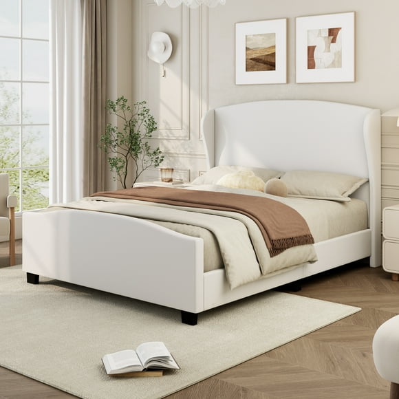 Queen Size 51" High Headboard Wingback Linen Upholstered Bed No Box Spring Needed, Beige