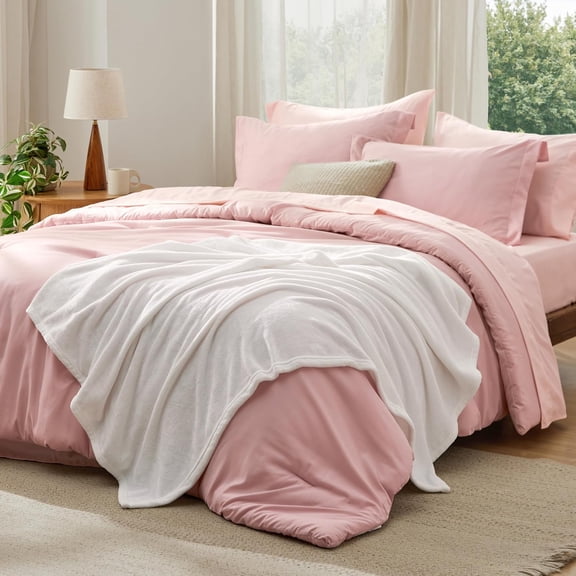Queen Size 8 Pieces Bedding Set, Prewashed All Season Down Alternative Comforter Set with Soft Fleece Blanket, Sheets, Pillowcases and Shams, Pink
