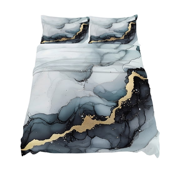 Queen Size Abstract Art Marble Texture Sheet Sets Black Grey Gold Gradient Modern Art Soft Breathable Microfiber Bed Sheets 4 Piece Bed Sheets Set, 1 Fitted Sheet, 1 Flat Sheet & 2 Pillowcases
