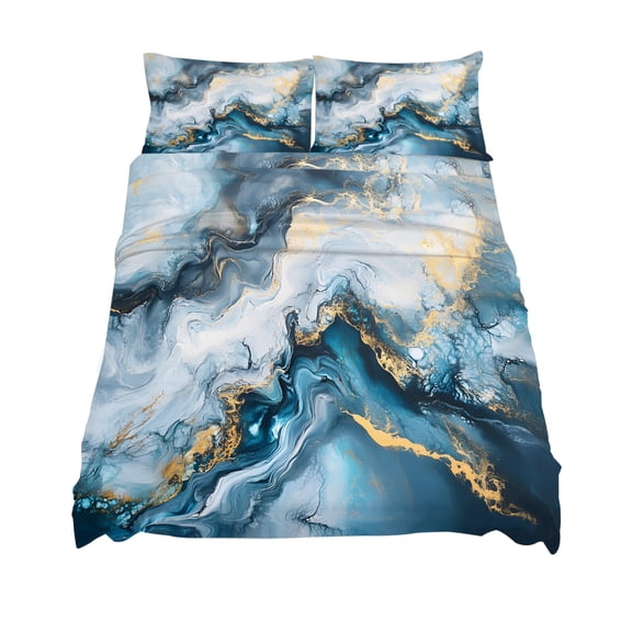Queen Size Abstract Marble Sheet Sets Gradient Blue Gold White Texture Soft Breathable Microfiber Bed Sheets Deep Pockets 4 Piece Bed Sheets Set, 1 Fitted Sheet, 1 Flat Sheet & 2 Pillowcases