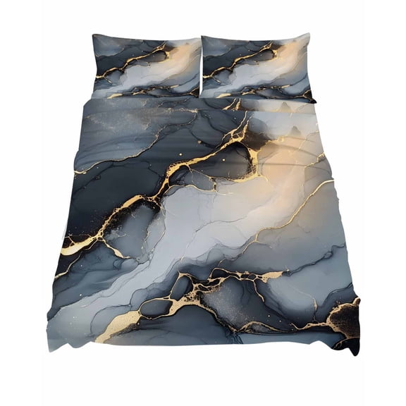 Queen Size Abstract Marble Texture Sheet Sets Grey Shinny Gold Gradient Art Soft Breathable Microfiber Bed Sheets Deep Pockets 4 Piece Bed Sheets Set, 1 Fitted Sheet, 1 Flat Sheet & 2 Pillowcases