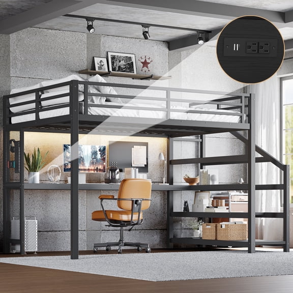 Queen Size Adjustable Bed Base, Queen Loft Bed with Desk and Storage Stairs, Metal Loft Beds with LED Lights, USB Ports, Multifunctional Iron Nets, No Spring Box Needed and Noise-free, Black