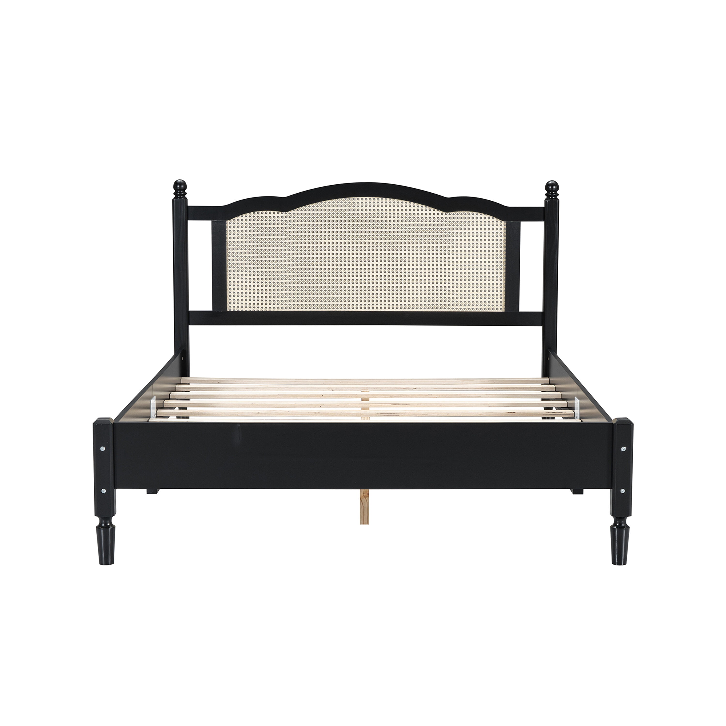 Queen Size Adjustable Bed Base, Queen Size Wooden Platform Bed with Natural Rattan Headboard, Vintage Bed Frame with Wooden Slat Support, Black, Black Bed Frames,Wood Platform Bed Frames