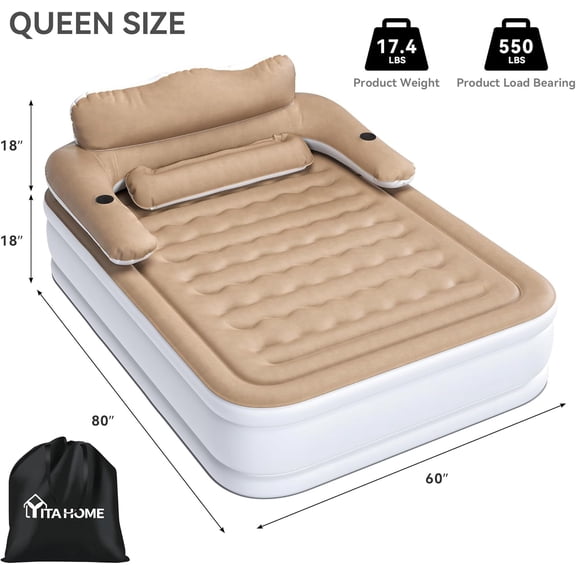 Queen Size Air Mattress with Headboard and Pillow, 18in Inflatable Bed with Removable Electric Pump for Camping & Home