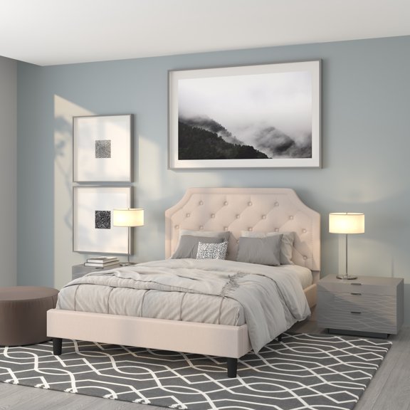 Queen Size Arched Tufted Upholstered Platform Bed in Beige Fabric