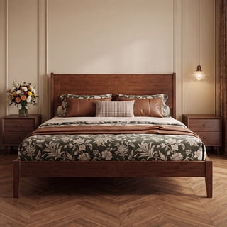 Queen Size Bamboo Bed Frames with Headboard – Brown Mid-Century Modern, Noise-Free, No Box Spring Needed, Heavy Duty Slats