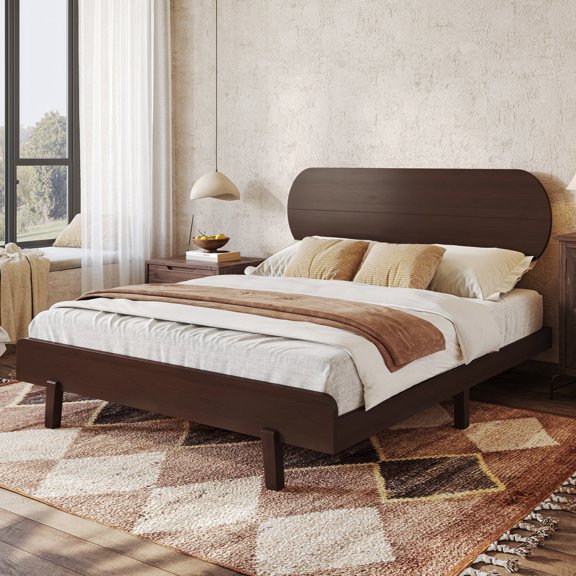 Queen Size Bamboo Platform Bed with Round Shape Headboard and Little Footboard, Solid Bamboo-made Bed Frame with Support Slats, Full/Queen/King Bed Frame for Bedroom, Guest Rooms, Dorms,Espresso