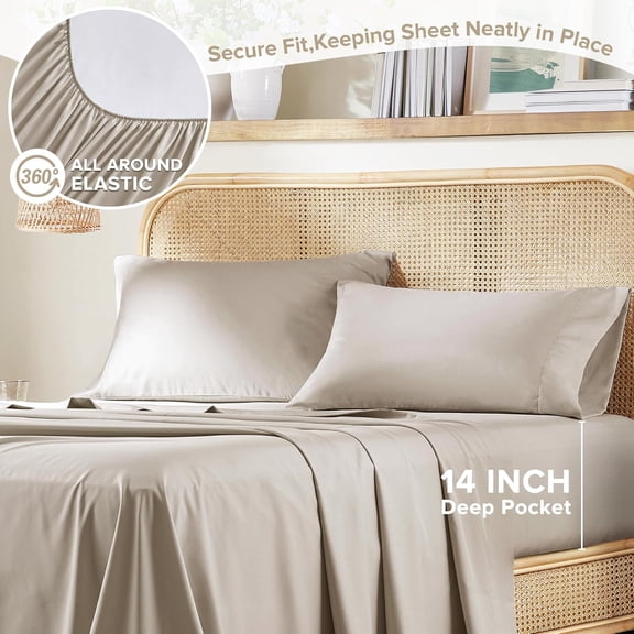 Queen Size Bamboo Rayon Polyester Sheet Set 4 Piece Silky Soft Cooling Bedding Breathable Sleep Support for Adults Beige