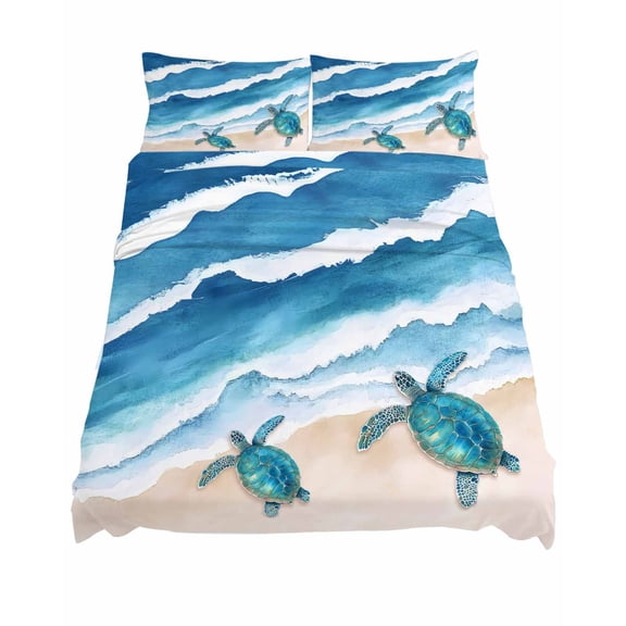 Queen Size Beach Ocean Sheet Sets Blue Waves Abstract Turtle Soft Breathable Microfiber Bed Sheets Deep Pockets 4 Piece Bed Sheets Set, 1 Fitted Sheet, 1 Flat Sheet & 2 Pillowcases