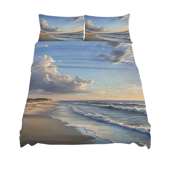 Queen Size Beach Wave Sheet Sets Watercolor Blue Sky Ocean Modern Art Soft Breathable Microfiber Bed Sheets Deep Pockets 4 Piece Bed Sheets Set, 1 Fitted Sheet, 1 Flat Sheet & 2 Pillowcases