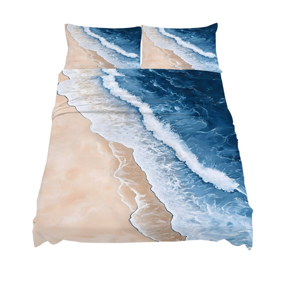 Queen Size Beach Waves Modern Art Sheet Sets Watercolor Blue Ocean Soft Breathable Microfiber Bed Sheets Deep Pockets 4 Piece Bed Sheets Set, 1 Fitted Sheet, 1 Flat Sheet & 2 Pillowcases