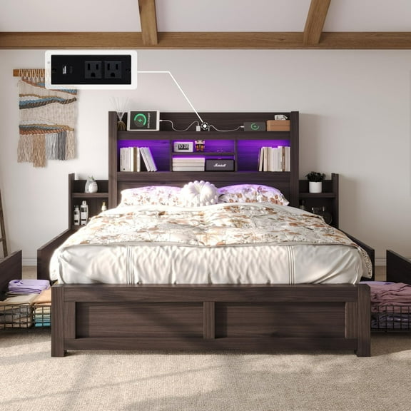 VanAcc Queen Size Bed with 49.6" Bookcase Headboard, Dual Side Storage Racks, 4 Drawers, RGB LED Lighting, Charging Station, Black Finish