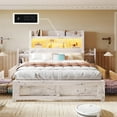 thumbnail image 1 of VanAcc Queen Size Bed with 49.6" Bookcase Headboard, Dual Side Storage Racks, 4 Drawers, RGB LED Lighting, Charging Station, Distressed White, 1 of 9
