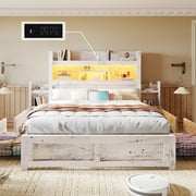 VanAcc Queen Size Bed with 49.6" Bookcase Headboard, Dual Side Storage Racks, 4 Drawers, RGB LED Lighting, Charging Station, Distressed White