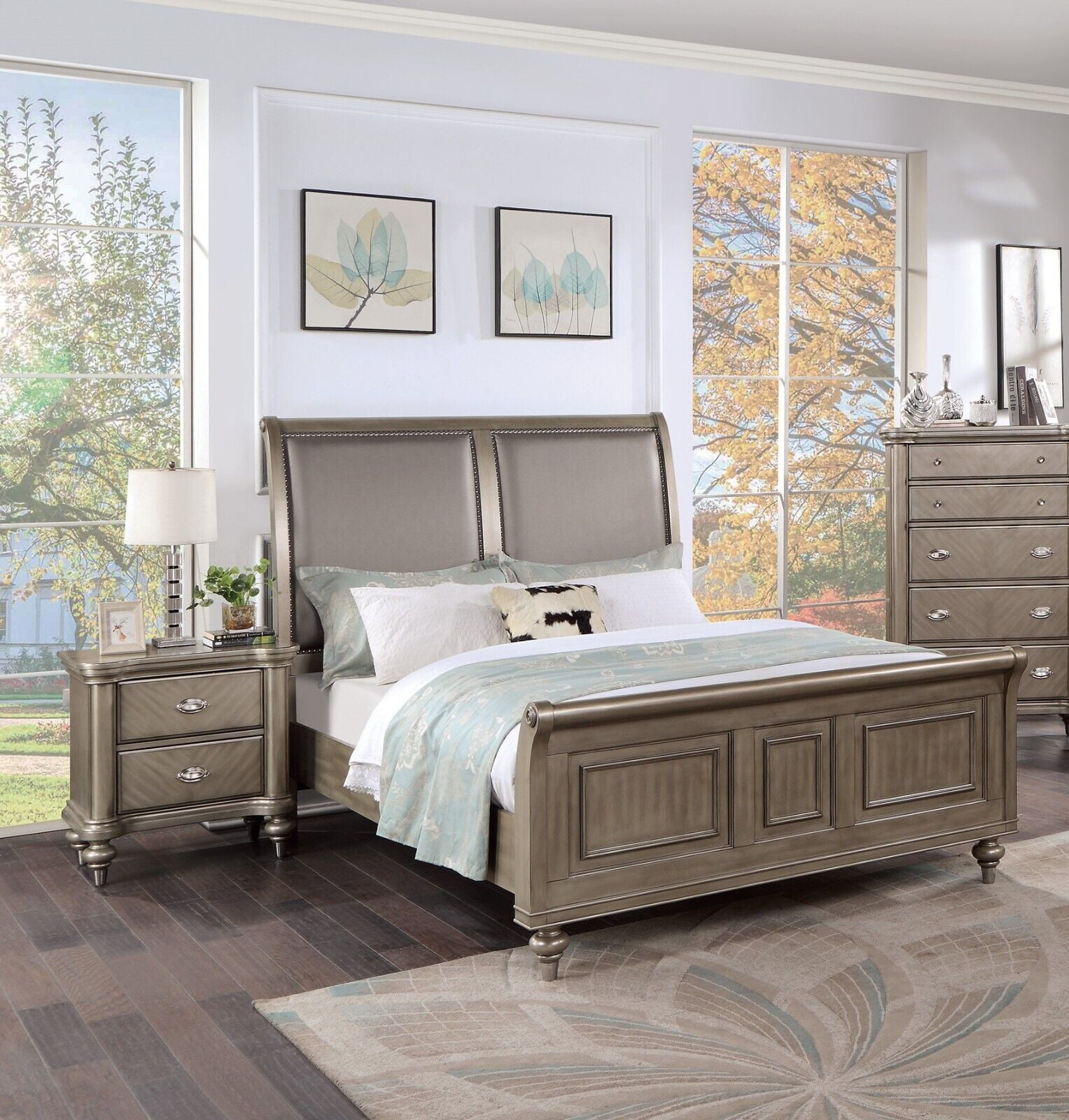 Queen Size Bed And 2x Nightstands Grey Finish Upholstered HB Bedroom  Furniture 3pc Set Gorgeous Classic Luxury Wooden Veneer - Walmart.com, image size:1527x1600