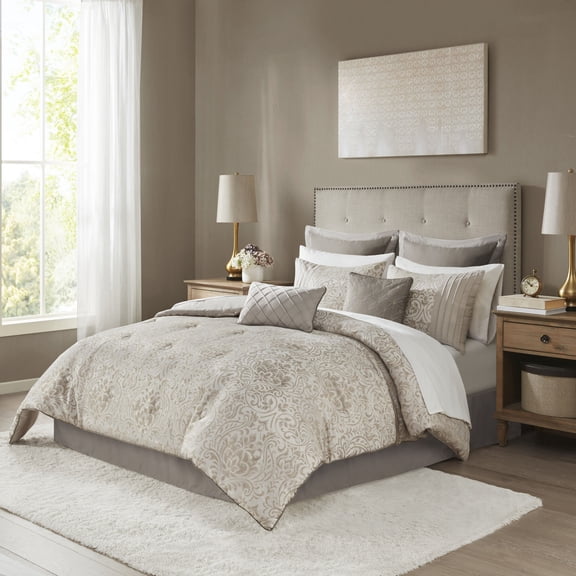 Queen Size Bed In A Bag, 12 Piece Jacquard Comforter Set with Bed Sheets Khaki Queen, Khaki Cotton Bedding Set,Polyester Bed Sheet Set, Household Supplies & Décor Bedding Bedding Sets