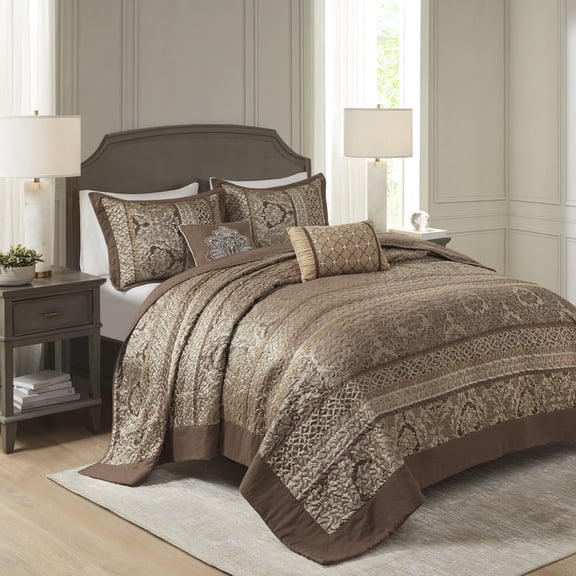 Queen Size Bed In A Bag, 5 Piece Reversible Jacquard Bedspread Set Brown/Gold Queen, Brown+Gold Cotton Bedding Set,Microfiber Bed Sheet Set, Household Supplies & Décor Bedding Bedding Sets