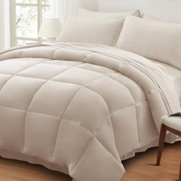 Queen Size Bed in a Bag 7 Pieces Beige Bed Comforter Set with Sheets All Season Bedding Sets with 1 Comforter 2 Pillow Shams 2 Pillowcases 1 Flat Sheet 1 Fitted Sheet