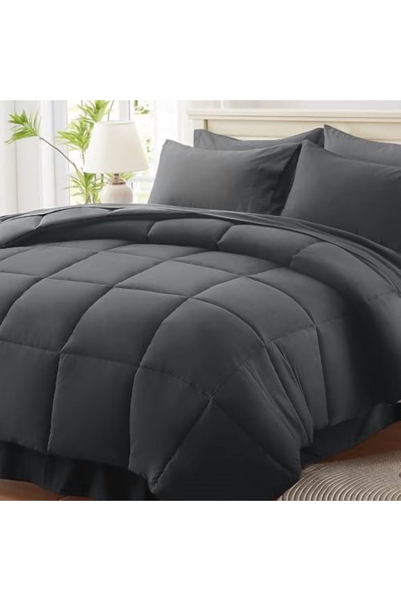 Queen Size Bed in a Bag 7 Pieces, Dark Grey Bed Comforter Set with Sheets, All Season Bedding Sets with 1 Comforter,2 Pillow Shams,2 Pillowcases, 1 Flat Sheet,1 Fitted Sheet