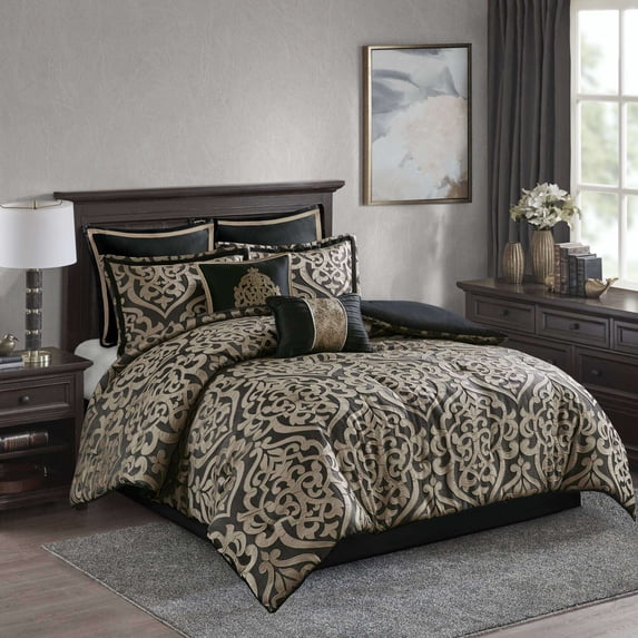 Queen Size Bed In A Bag, 8PCS Queen Jacquard Comforter Set, Black Cotton Bedding Set,Polyester Bed Sheet Set, Household Supplies & Décor Bedding Bedding Sets