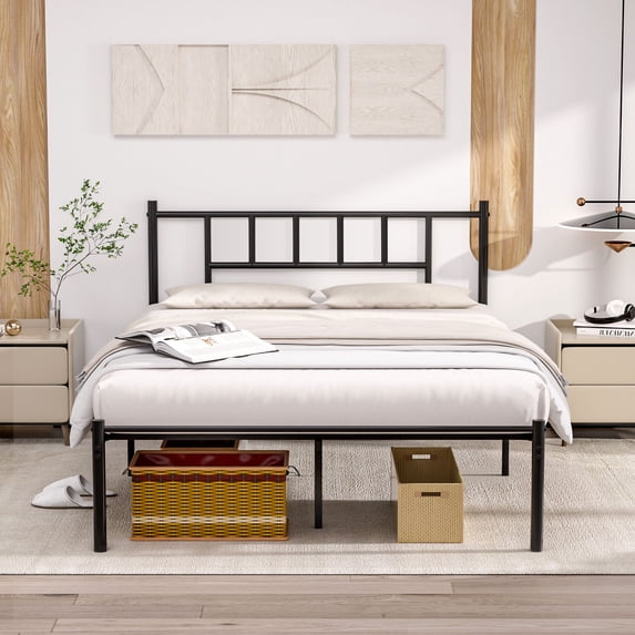 Queen Size Bed Bed Frame with Headboard, Mattress Foundation Metal Platform Bed, No Box Spring Needed, Black