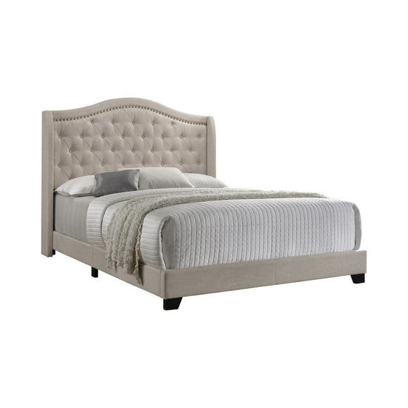Queen Size Bed, Beige Fabric Upholstered, Camel Back, Button Tufted