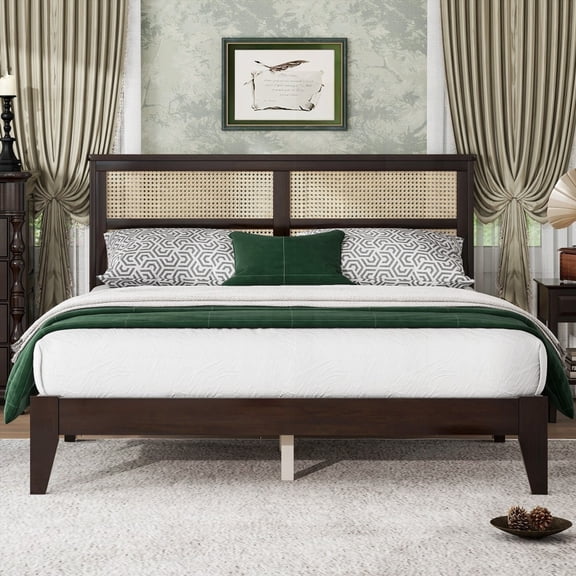 Queen Size Bed - Exquisite Design with Rattan Headboard - Rubber Wood Construction - Espresso