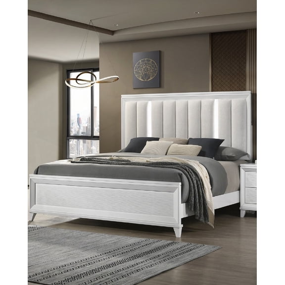 Queen Size Bed Featuring Linen Look Fabric Upholstered LED Light Headboard and White Finish Solid Wood