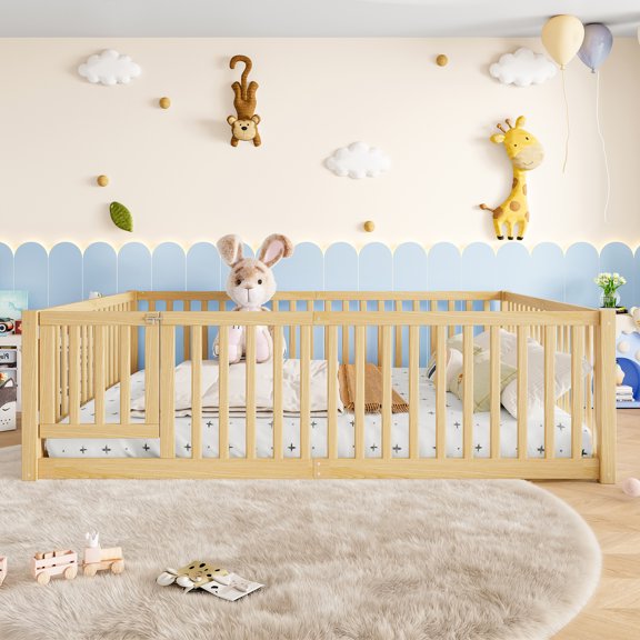 Queen Size Bed Floor Bed with Safety Guardrails and Door,Natural