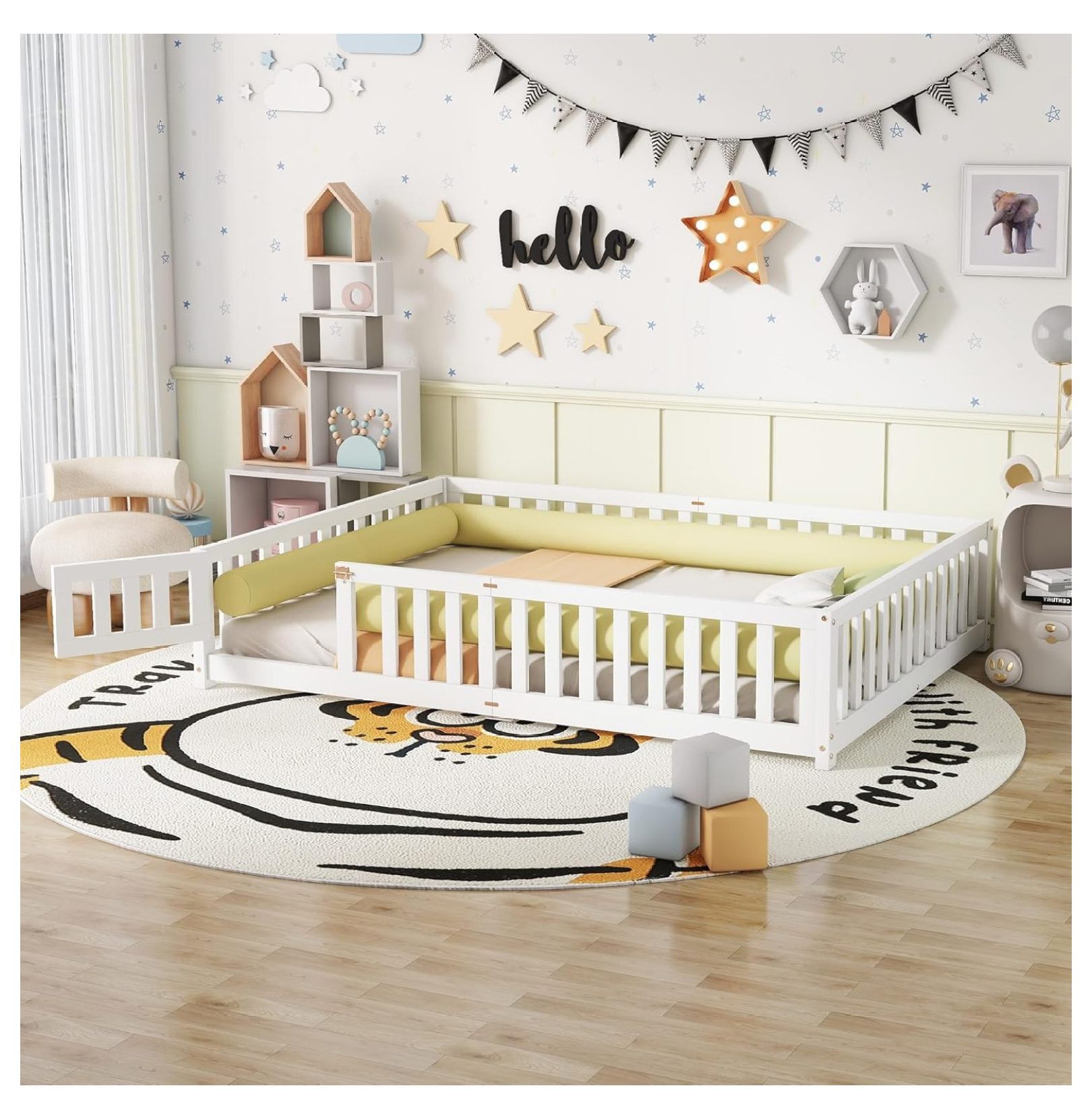 Queen Size Bed Floor Bed with Safety Guardrails and Door,Queen Bed