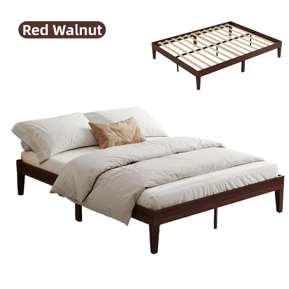 Queen Size Bed Frame,14 Inch Platform Bed Without Headboard, No Box Spring Needed, Noise-Free, Easy Assembly - Dark Walnut