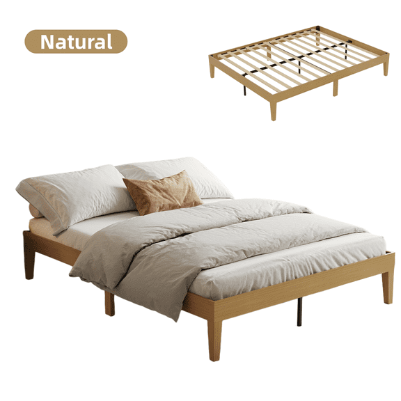 Queen Size Bed Frame,14 Inch Platform Bed Without Headboard, No Box Spring Needed, Noise-Free, Easy Assembly - Natural