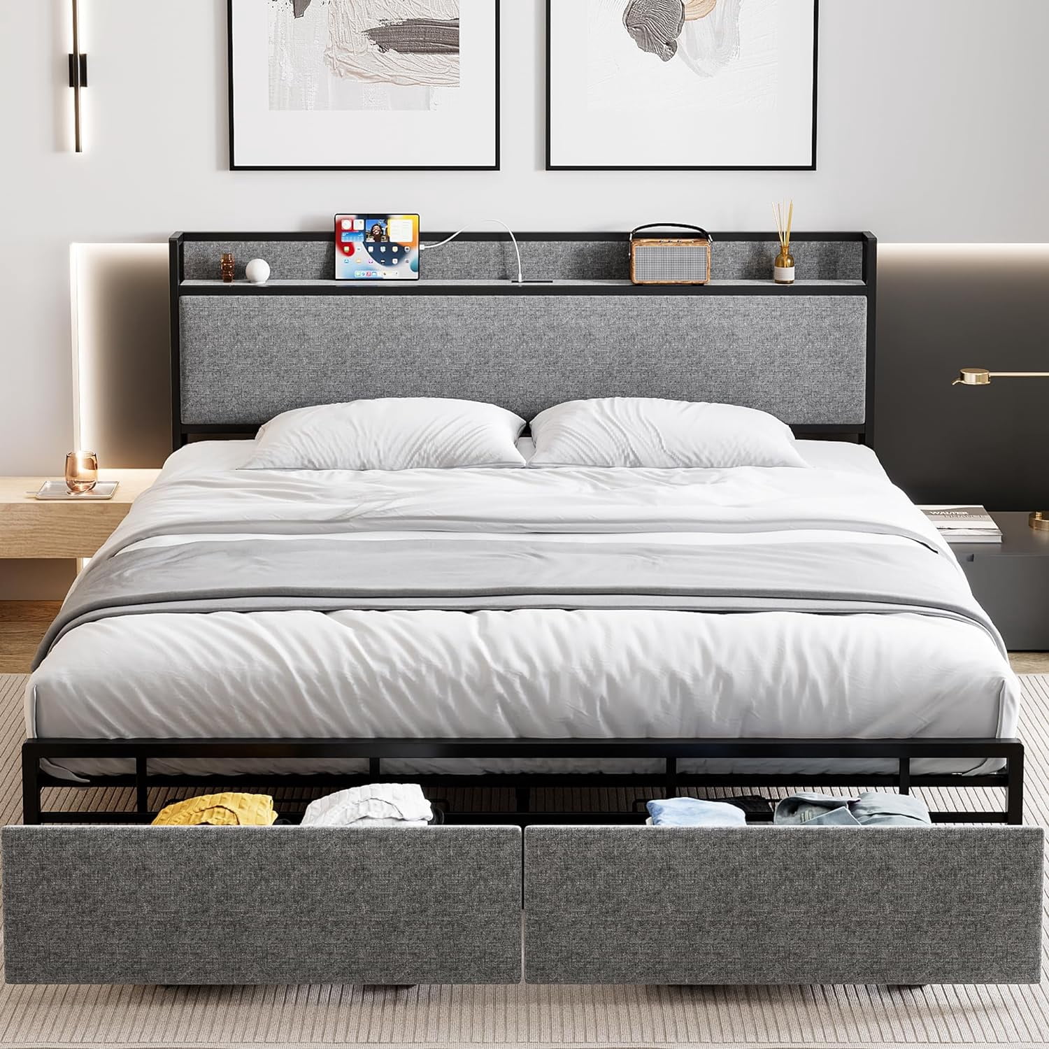 Queen Size Bed Frame with 2 Storage Drawers and Headboard, Upholstered ...