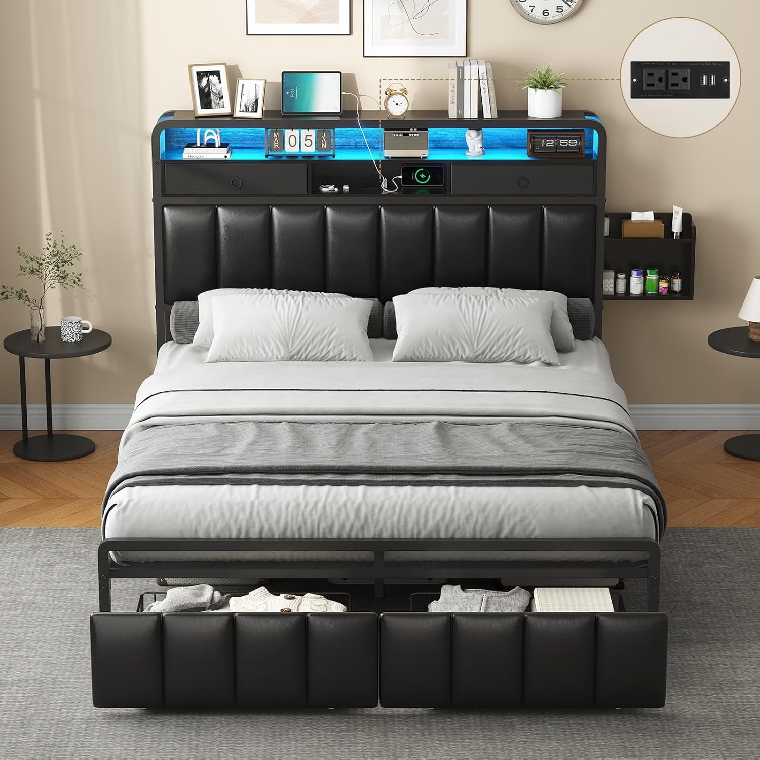 Queen Size Bed Frame with 2 Storage Drawers and LED Lights,Queen Metal ...