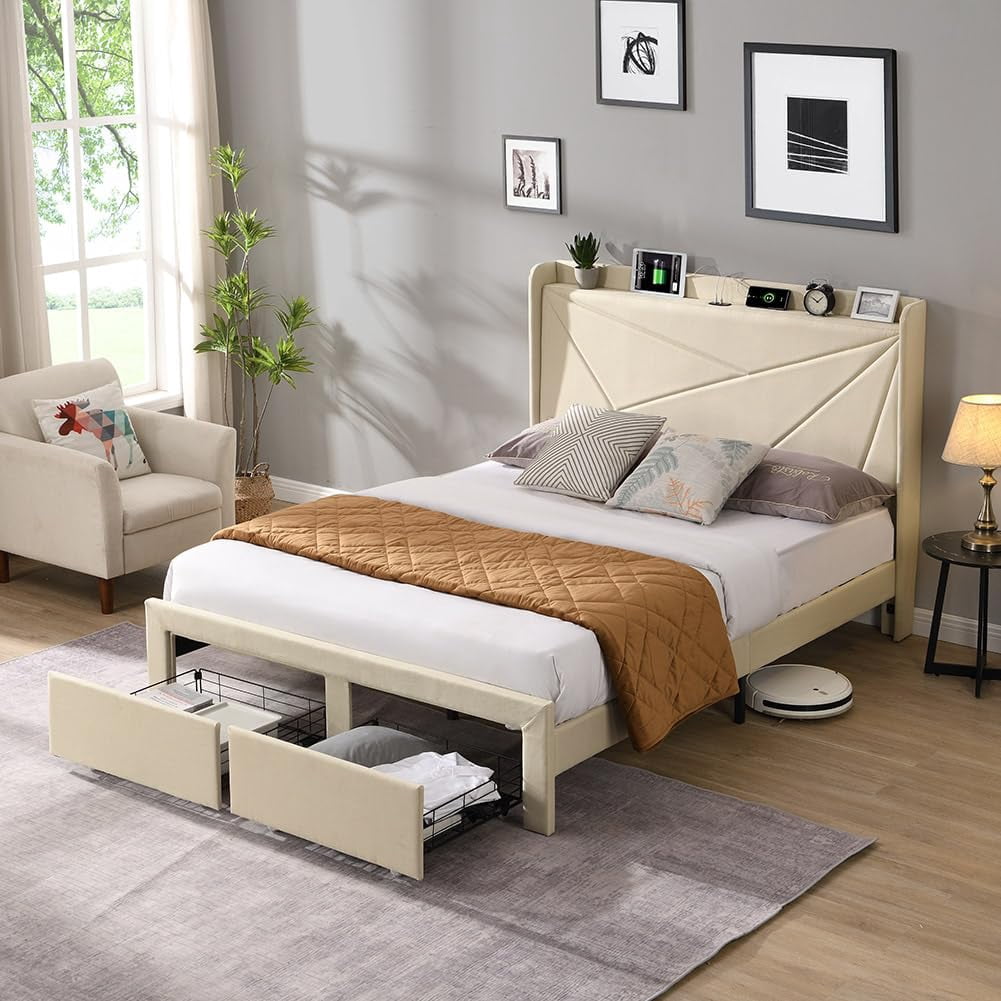 Queen Size Bed Frame with 2 Storage Drawers, Lined Fabric Upholstered ...