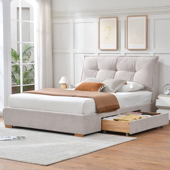 VELOCAVA Queen Size Bed Frame with 2 Storage Drawers, Linen-Look Upholstery and Tufted Headboard, Beige