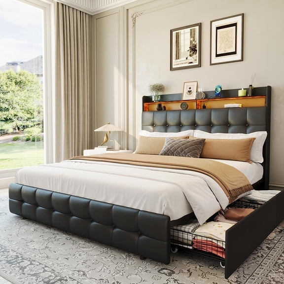 Queen Size Bed Frame with 2 Storage Drawers, Upholstered Bed Frame Queen with LED Light, Double-Layer Bedside Headboard with Charging Socket and USB Port, PU Leather, Black