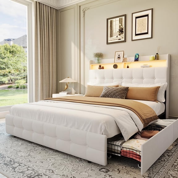 Queen Size Bed Frame with 2 Storage Drawers, Upholstered Bed Frame Queen with LED Light, Double-Layer Bedside Headboard with Charging Socket and USB Port, Soft Plush Fabric, Beige