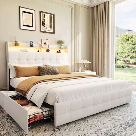 Queen Size Bed Frame with 2 Storage Drawers, Upholstered Bed Frame Queen with LED Light, Double-Layer Bedside Headboard with Charging Socket and USB Port, Soft Plush Fabric, White
