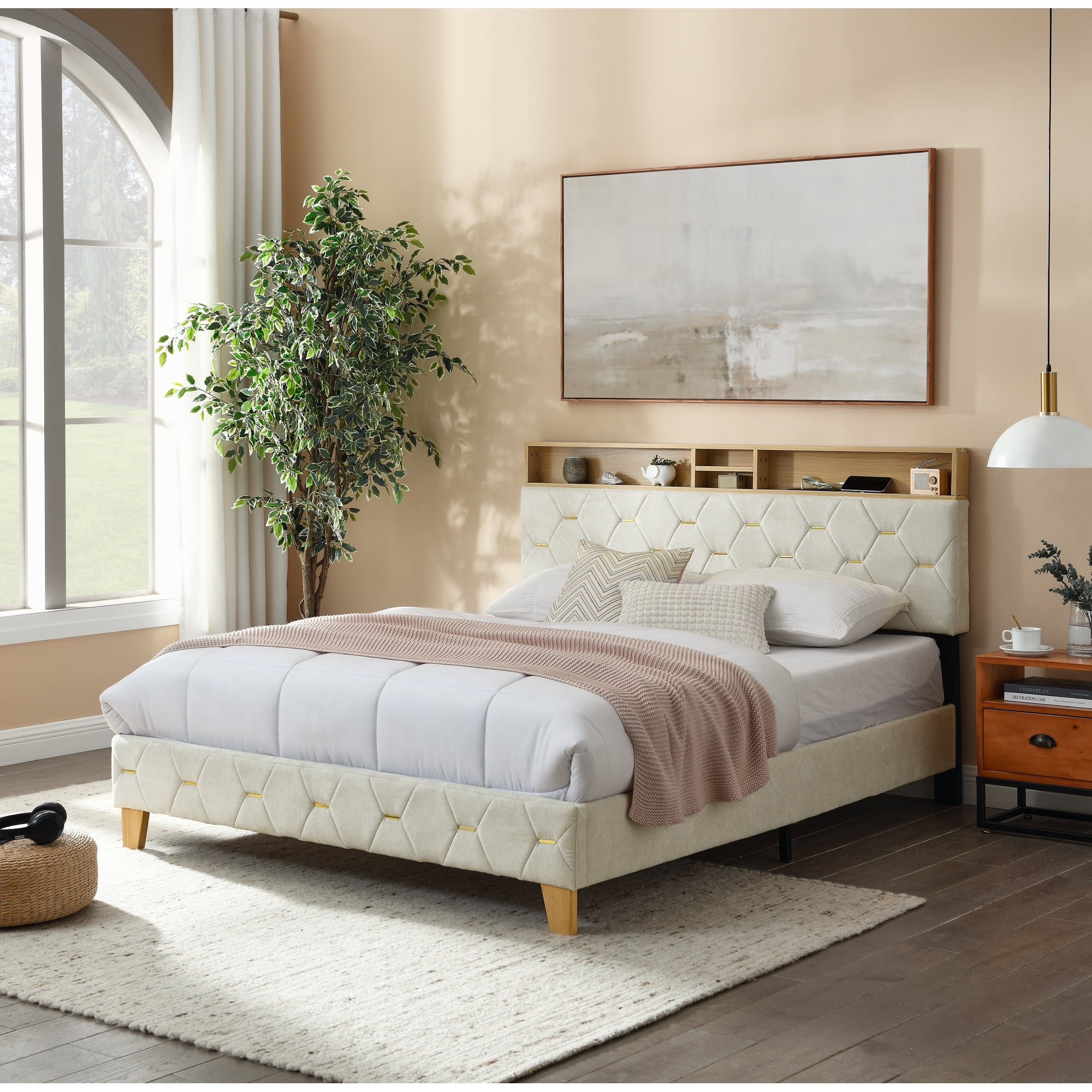 Queen Size Bed Frame with 2Tier Storage Headboard and Power Outlets