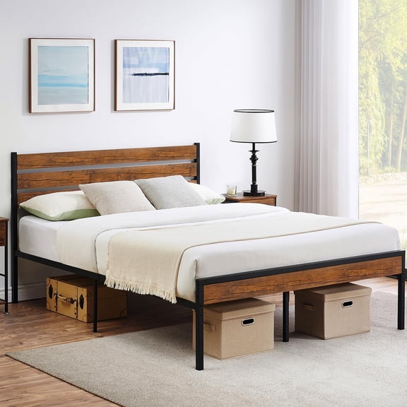 Queen Size Bed Frame with 3-Panel Wood Headboard, 12" Underbed Clearance, Metal Platform with Wooden Slats, No Box Spring Needed Noise Free Easy Assembly, Rustic Brown