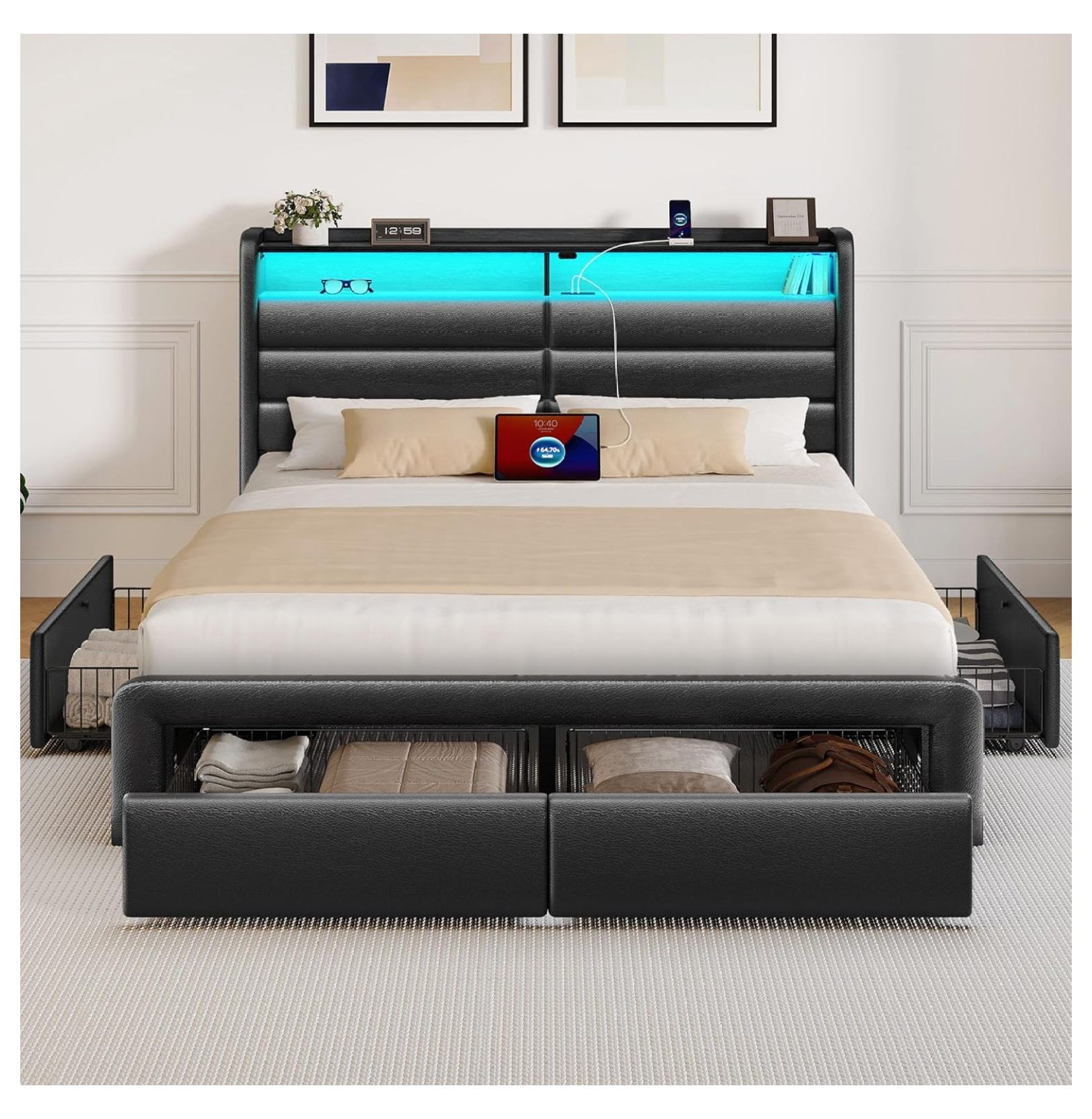 Queen Size Bed Frame with 4 Storage Drawers & Charging Station ...