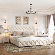 Queen Size Bed Frame with 4 Storage Drawers & Headboard, Linen Upholstered Platform Bed Frame, Stylish Diamond Tufted Design, No Box Spring Needed | Off - White