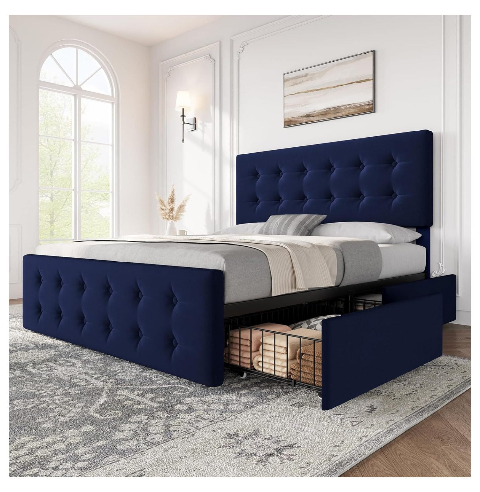 Queen Size Bed Frame with 4 Storage Drawers and Headboard, Velvet ...