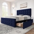 thumbnail image 1 of Queen Size Bed Frame with 4 Storage Drawers and Headboard, Velvet Upholstered Platform Bed Frame with Wooden Slats Support, Button Tufted Design, No Box Spring Needed, Blue, 1 of 9